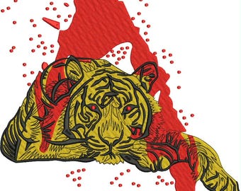 Könnte beinhalten: Detaillierte Illustration eines Tigers mit gelben und schwarzen Streifen, roten Augen und einem roten Spritzermotiv. Der Tiger liegt, und das Design hat eine strukturierte, gestickte Optik.