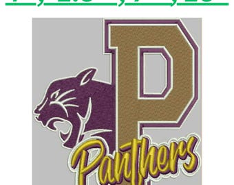 Könnte beinhalten: Ein gestickter Aufnäher mit einer violetten Pantherkopf-Silhouette neben einem großen beigen Buchstaben P mit weißem Rand. Das Wort Panthers steht in gelber Schreibschrift darunter. Der Text oben lautet 4", 2.5", 7", 10".
