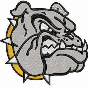 May include: An embroidered patch featuring a stylized bulldog head in shades of light gray, white, and black. The bulldog has a fierce expression with visible teeth and is set against a circular yellow background with sharp, triangular spikes.