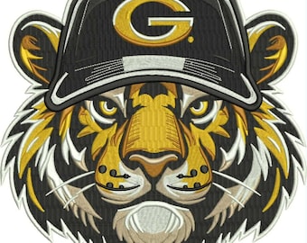 Realistisches Tiger-Baseballmaskottchen-Stickmuster, Stickdatei mit Tiergesicht, 3 Größen, Sofort-Download