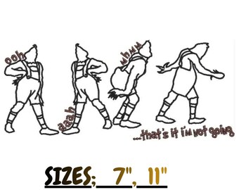 Könnte beinhalten: Ein Stickmuster mit vier schwarzen Strichzeichnungen einer Figur in verschiedenen Posen mit braunem Text, der ooh, aaah, mhmm und that's it i'm not going lautet. Der Text darunter gibt SIZES: 7", 11" und FORMATS: PES, DST, JEF, EXP, EMB an.