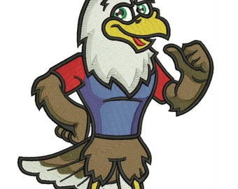 Könnte beinhalten: Ein gestickter Aufnäher mit einem Cartoon-Weißkopfseeadler-Maskottchen mit weißem Kopf, gelbem Schnabel und grünen Augen. Der Adler trägt ein blau-rotes Trikot, hat braune Federarme und -beine und zeigt mit dem Daumen auf sich selbst.