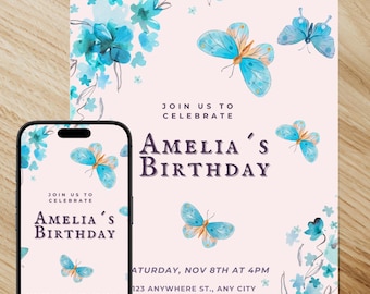 Blue Butterfly Birthday Invitation | Watercolor Canva Template (Digital Download)