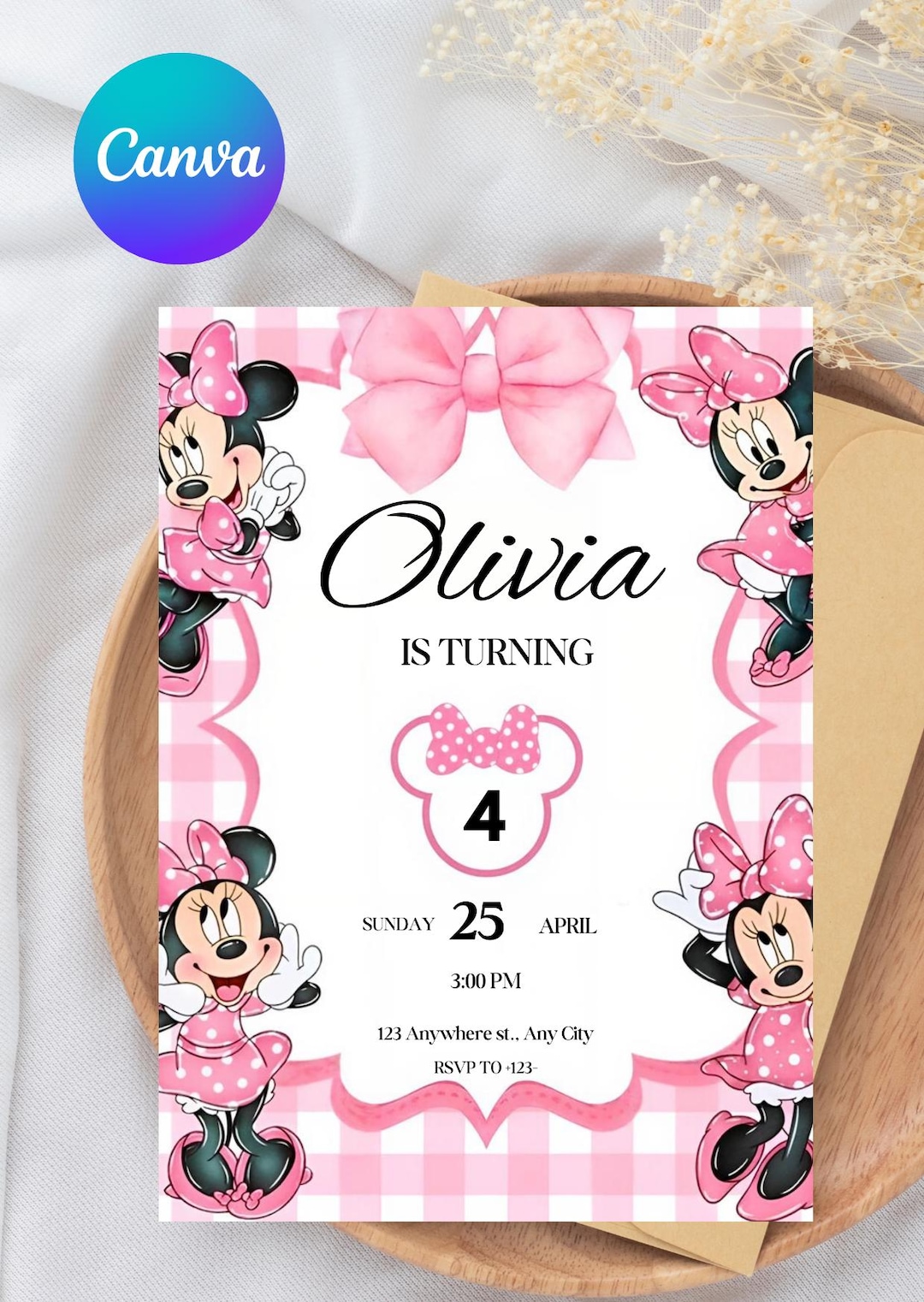 Editable Pink Minnie Mouse Birthday Invitation, Watercolor Girls Party ...