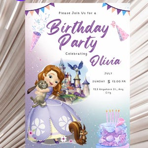 May include: A birthday party invitation with a cartoon princess in a purple dress, holding a rabbit. The invitation includes the text "Birthday Party Celebrating Olivia" with details for July 5th at 12:00 PM.