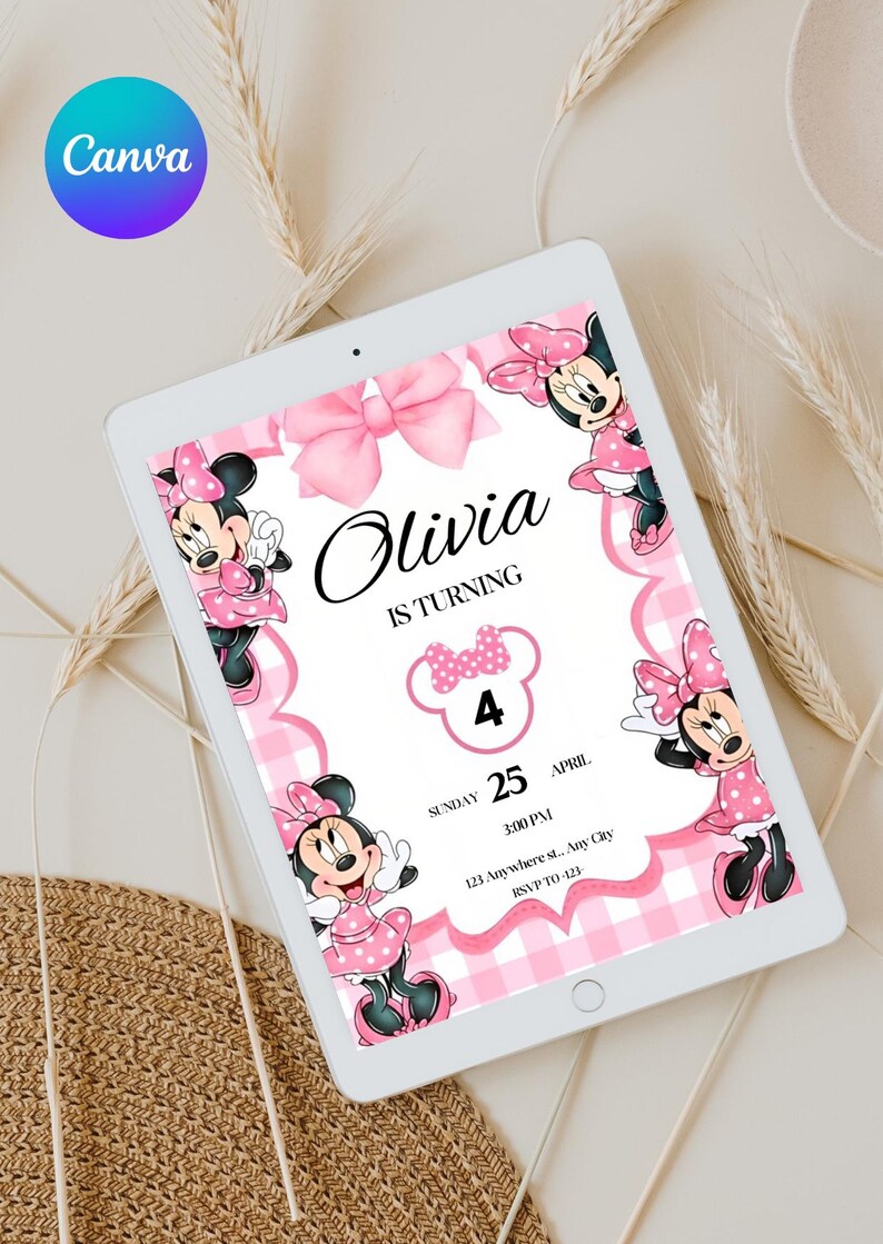 Editable Pink Minnie Mouse Birthday Invitation, Watercolor Girls Party ...