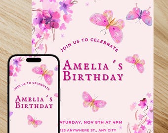 Butterfly Birthday Invitation Template, Pink Floral Canva Invite (Digital Download)