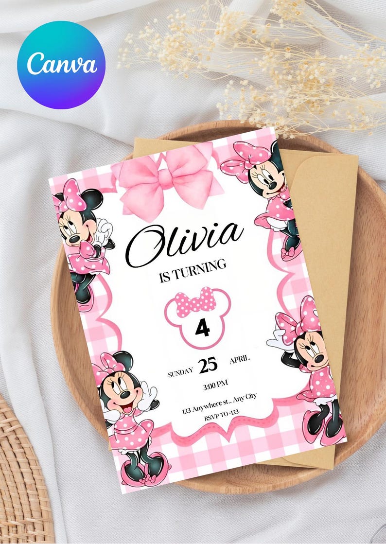 Editable Pink Minnie Mouse Birthday Invitation, Watercolor Girls Party ...