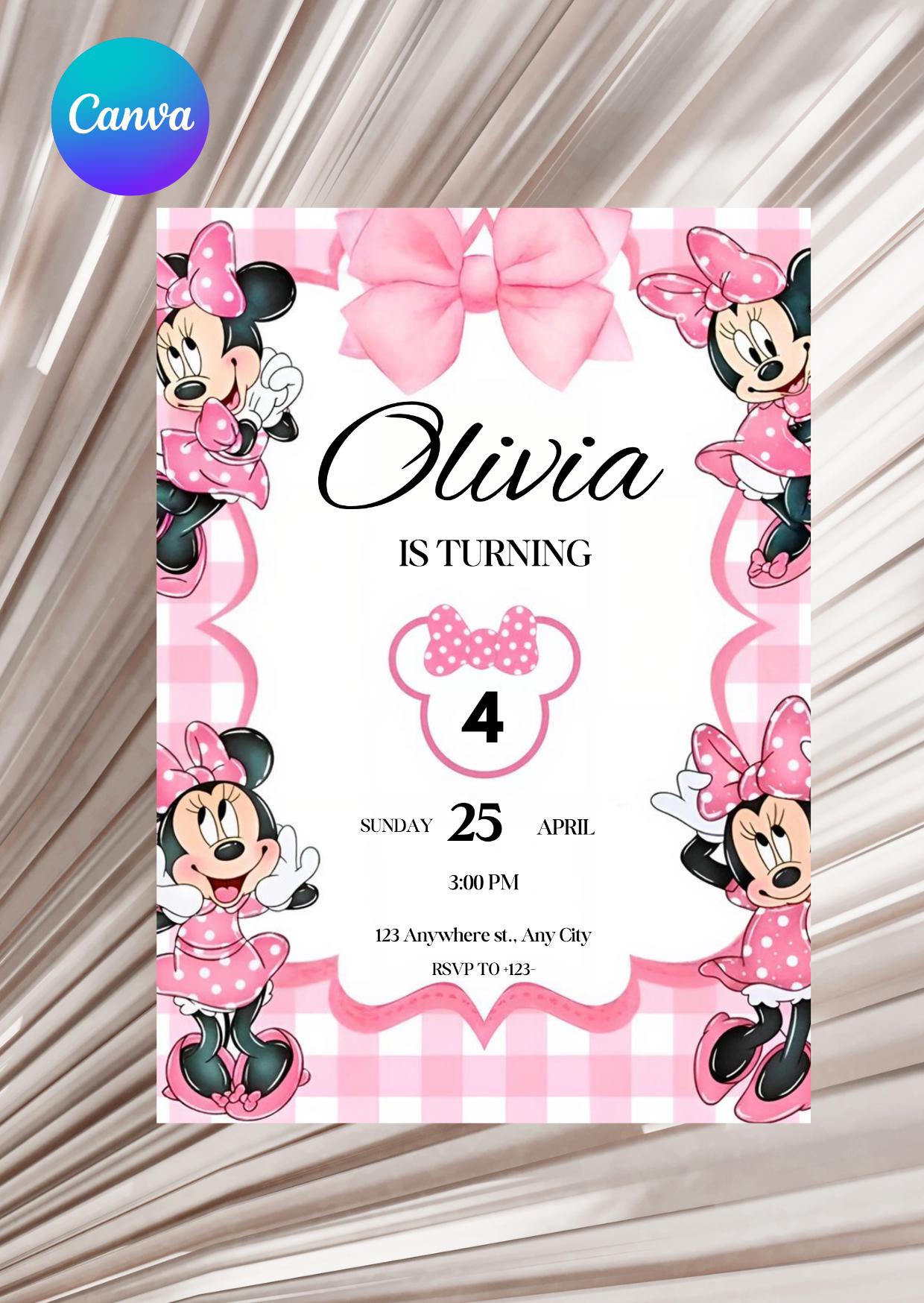 Editable Pink Minnie Mouse Birthday Invitation, Watercolor Girls Party ...