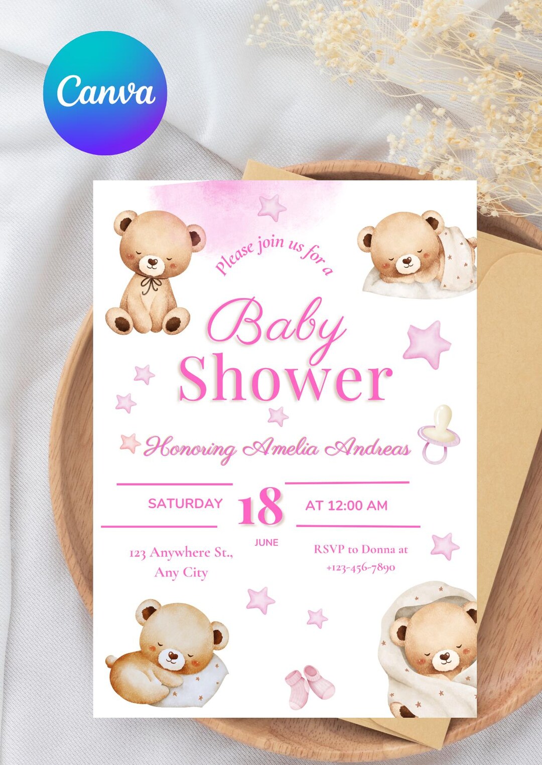 Pink Teddy Bear Baby Shower Invitation, Editable Canva Template ...