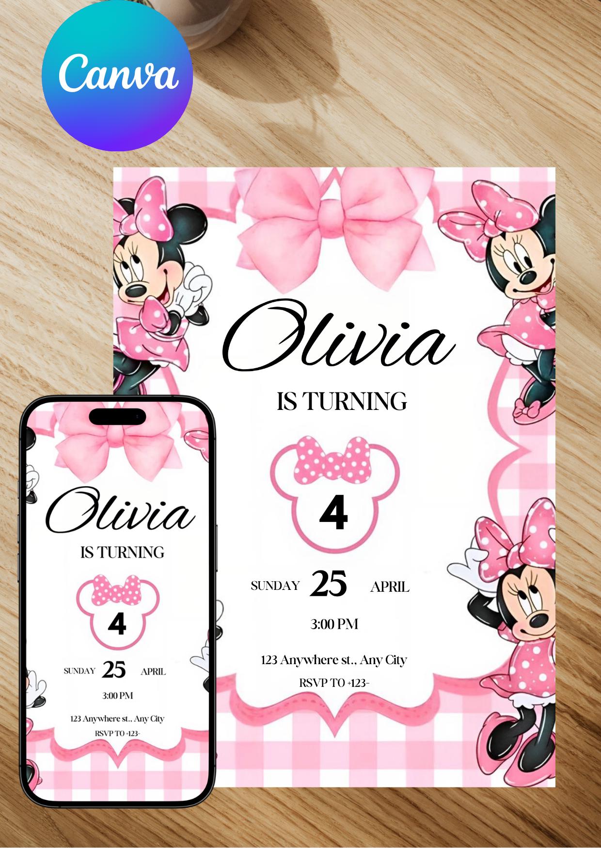 Editable Pink Minnie Mouse Birthday Invitation, Watercolor Girls Party ...