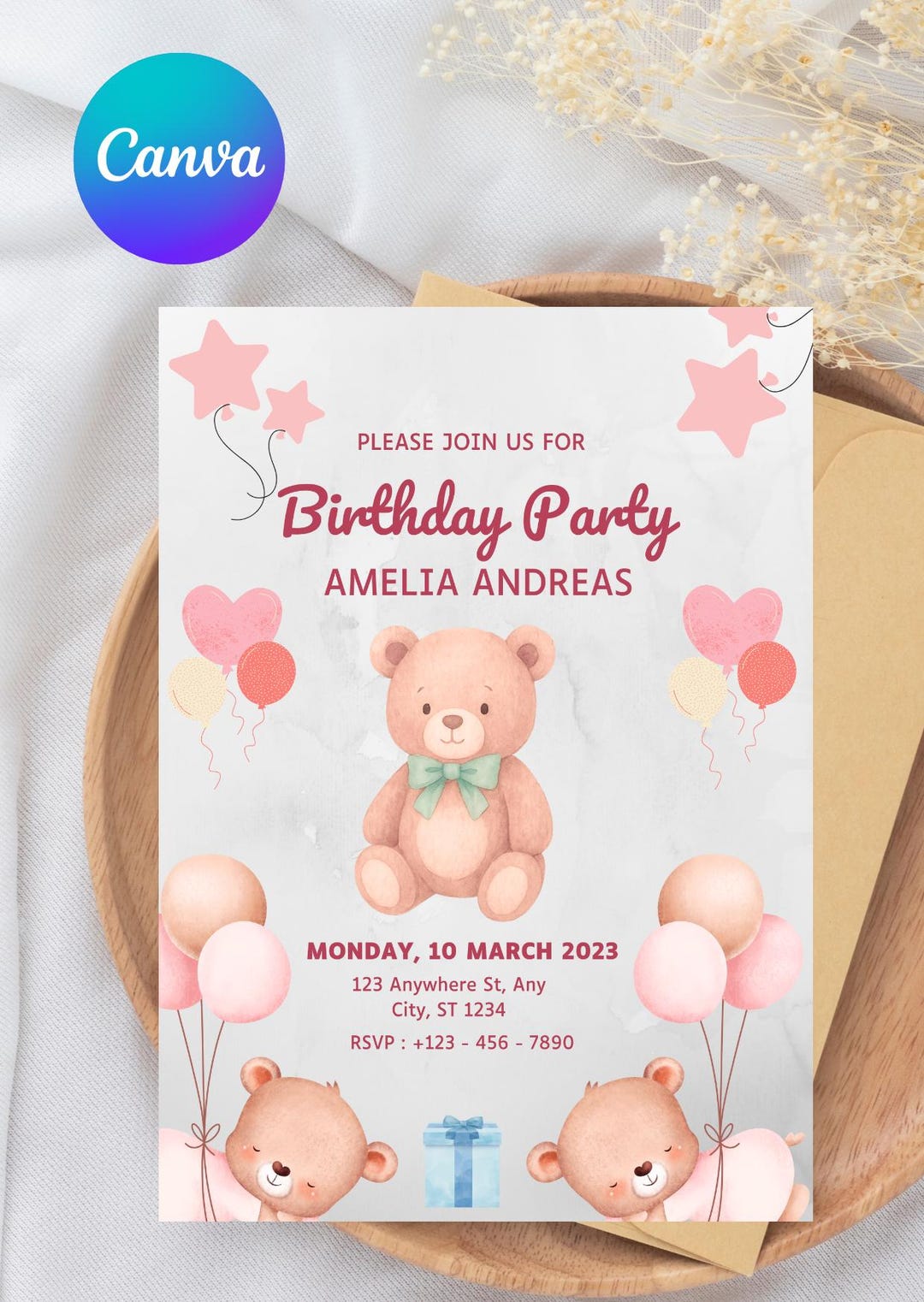 Teddy Bear Birthday Invitation | Pastel Party Invite (digital Download ...
