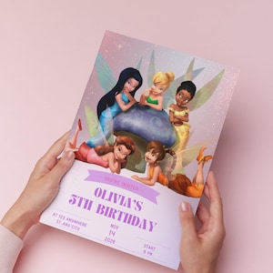 May include: A birthday invitation with fairy illustrations. The invitation says "Olivia's 5th Birthday" with the date and time. The background is a soft pink with a purple banner that says "You're Invited".