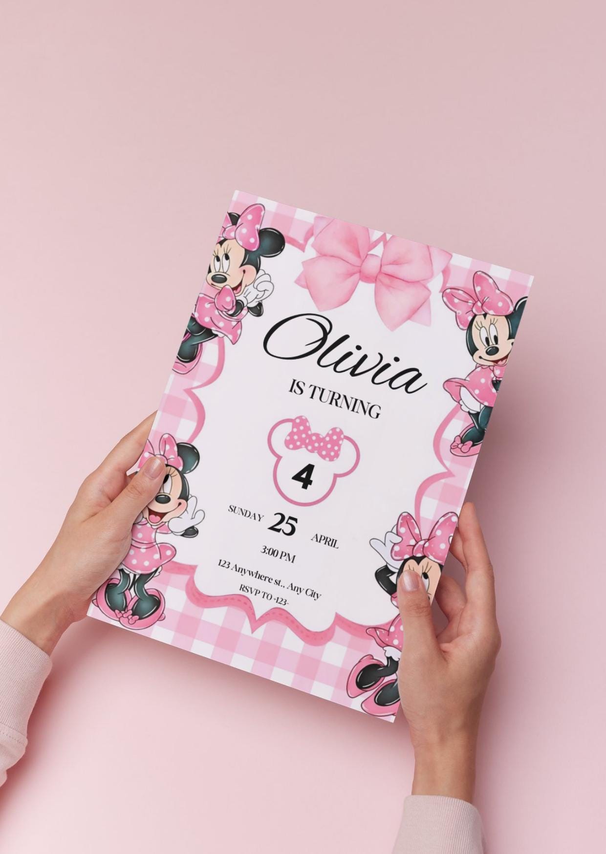 Editable Pink Minnie Mouse Birthday Invitation, Watercolor Girls Party ...