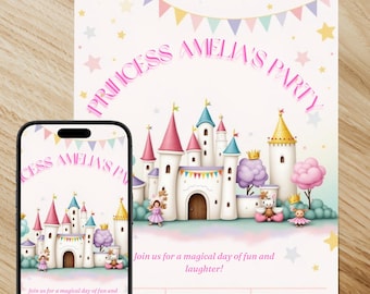 Invitación de cumpleaños de princesa, fiesta en un castillo rosa, plantilla editable de Canva (descarga digital)