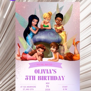 May include: A birthday party invitation featuring six fairies in various poses. The invitation reads "Olivia's 5th Birthday" with the date and time. The Canva logo is in the upper left corner.