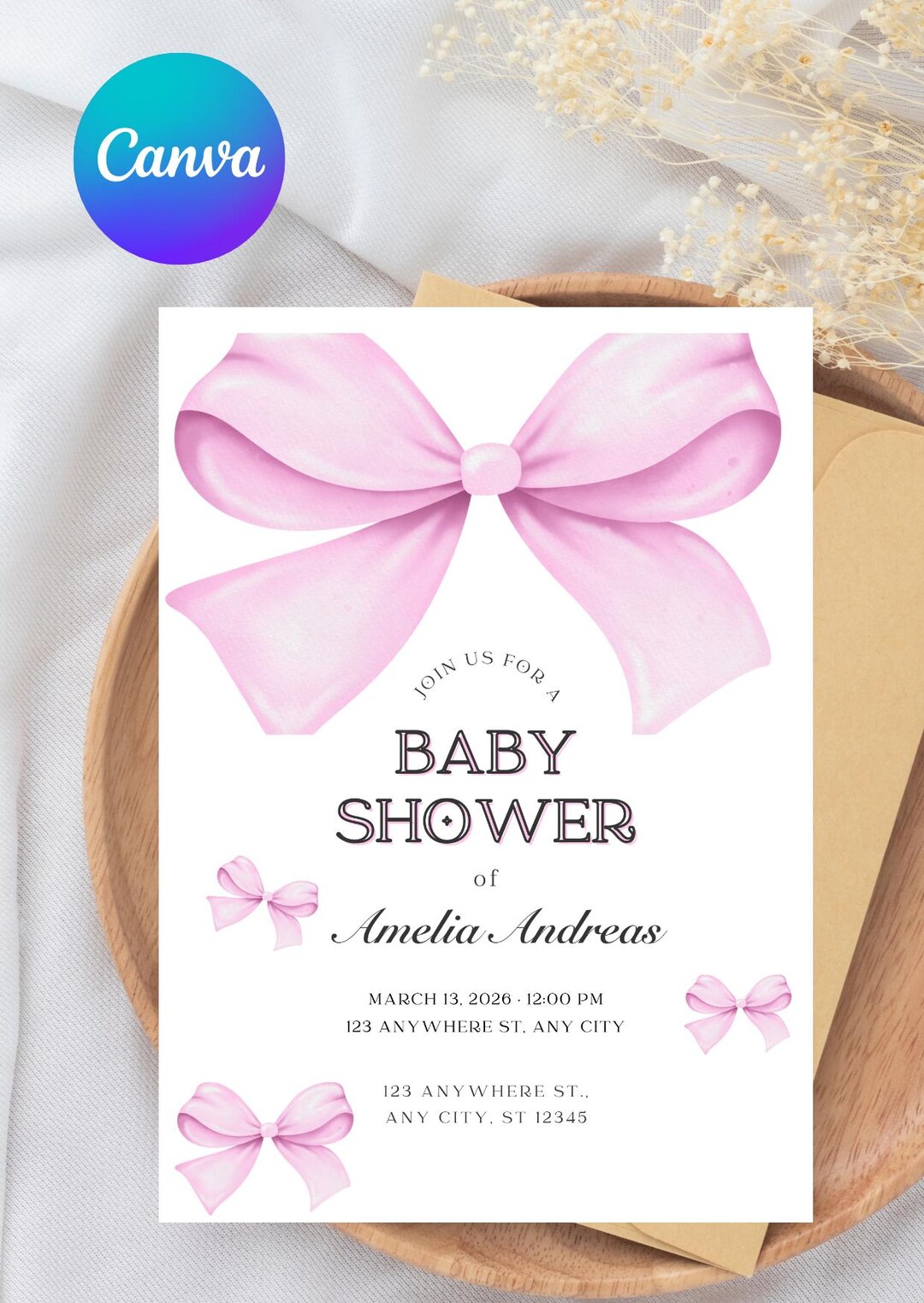Pink Bow Baby Shower Invitation | Editable Girl Invite (instant ...