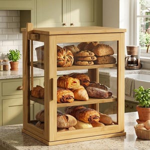 May include: A rectangular bamboo bread display case with three interior shelves and a clear front panel. The case is filled with various baked goods, including round loaves, croissants, and cookies, organized on each wooden shelf level.