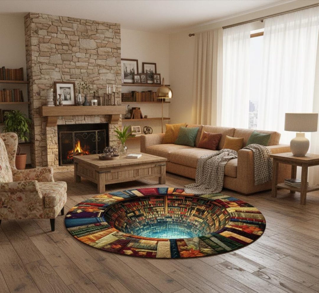 3d Book Rug 3D Optical Illusion,3d Library Book Hole Round Rug, Book Lover Area Rug ...