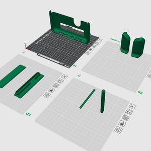 May include: A 3D render showing various green plastic components. These include a rectangular frame, two small rectangular pieces, and two cylindrical objects. The parts are arranged on a grid, possibly for design or assembly.