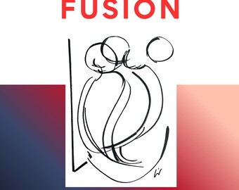 Abstrakcyjna grafika liniowa Fusion do druku | Minimalistyczny rysunek pary | Nowoczesna romantyczna sztuka ścienna | Pobieranie cyfrowe