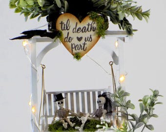 Garden Swing Skeleton Wedding Cake Topper with Lights | Gothic Halloween Wedding Decor