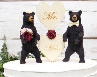 Topper de gâteau de mariage ours noir | Décoration de gâteau animaux | Gâteau de chasse | Décor de gâteau de mariage de pays rustique | Décoration de gâteau forêt boisée