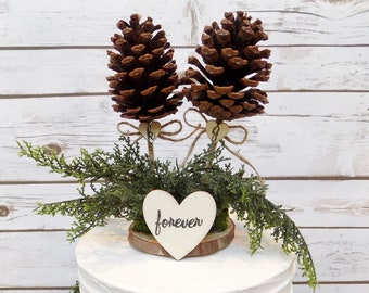 Rustic Woodland Pine Cone Cake Topper | Winter Wedding Cake Top | Personalized Wedding Decor | Mr & Mrs Pinecone Cake Topper | Evergreen