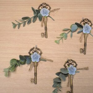 Skeleton Key Wedding Boutonniere Antique Victorian Style Wedding Accessories Eucalyptus and Rose Boutonniere Lapel Pins Groomsmen Gift image 1