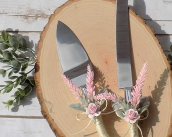 Lambs Ear Greenery Wedding Cake Serving Set | Wedding Cake Knife and Server | Floral Spring and Summer Wedding Decor | Pink Cake Server