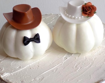 Cowboy Hat Pumpkin Wedding Cake Topper | Bride and Groom Fall Decor | Rodeo Weddings