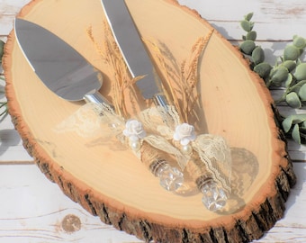 Rustic Fall Wedding Cake Serving Set | Twine Handle Cake Knife | Lace and Pearls Wedding Cake Cutlery | Wheat Wedding Decor | Cake Server