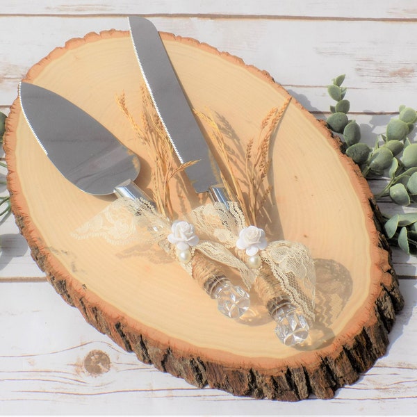 Rustic Fall Wedding Cake Serving Set | Twine Handle Cake Knife | Lace and Pearls Wedding Cake Cutlery | Wheat Wedding Decor | Cake Server