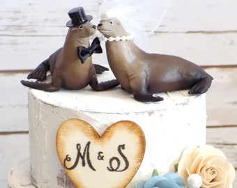 Sea Lion Wedding Cake Topper | Beach Ocean Weddings | Bride & Groom Animal Cake Topper | Sea Life Marine Life | Customized Cake Toppers