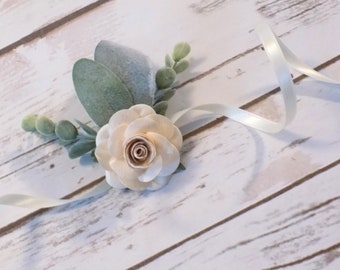 Floral Rose Eucalyptus Wrist Corsage | Wedding Corsage | Bridal Party Bridesmaids Accessories | Satin Ribbon Wrist Corsage Bracelet