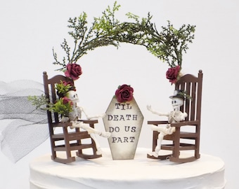 Til Death Do Us Part Miniature Fairy Garden Skeleton Couple Wedding Cake Topper | English Rose Garden Cake Decoration | Gothic Cake Topper