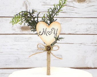 Personalized Rustic Wedding Initial Wood Heart Cake Topper Stick | Winter Wedding | Artificial Evergreen Greenery Cake Decor
