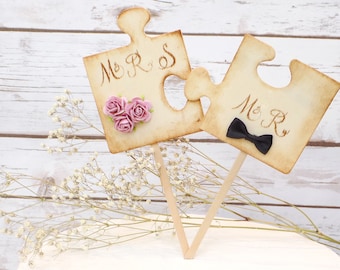 Personalized Mr & Mrs Puzzle Piece Wedding Cake Topper | Rustic Wood Cake Topper | Puzzle Cake Decoration | Bride and Groom Cake Topper
