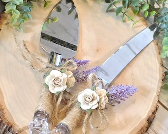 Artificial Lavender Wedding Serving Set | Rustic Twine Wedding Cake Serving Knife | Lavender Wedding Decor | Boho Woodland Cake Server