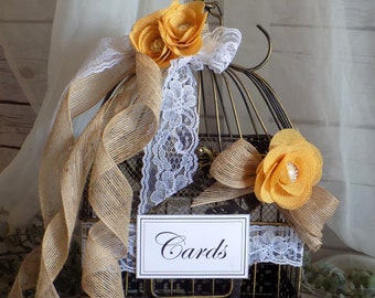 Rustic Wedding Birdcage Card Holder | Wedding Card Box | Burlap and Yellow Roses | Vintage Style Birdcage for Cards