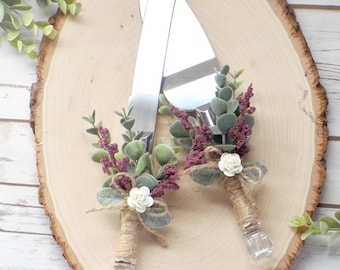 Lavender Berry & Eucalyptus Wedding Cake Serving Set | Rustic Wedding Decor | Cake Serving Knife Wrapped in Twine | Greenery Wedding Accents