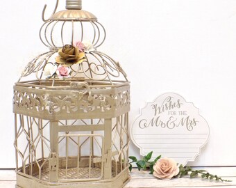 Champagne Gold Wedding Birdcage | Well Wishes for the Mr & Mrs | Guest Book Alternative | Floral Wedding Decor | Wedding Wishes Box