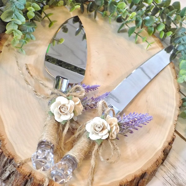 Artificial Lavender Wedding Serving Set | Rustic Twine Wedding Cake Serving Knife | Lavender Wedding Decor | Boho Woodland Cake Server