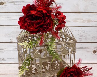 Champagne Gold Birdcage Decoration | Red Peonies | Home Decor Accents