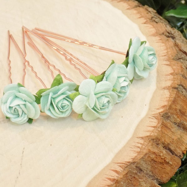 Rose Gold & Mint Green Wedding Hair Accessories | Paper Flower Hair Pins | Rose Gold Hair Piece | Bridal Party Accessories | Mint Hair Clip