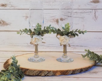 Eucalyptus and Rose Wedding Toasting Glasses | Twine Wrapped Champagne Flutes | Rustic Wedding Tablescape Decor