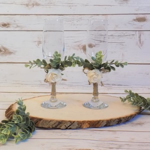 Eucalyptus and Rose Wedding Toasting Glasses | Twine Wrapped Champagne Flutes | Rustic Wedding Tablescape Decor