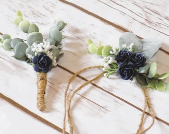 Matching Eucalyptus & Babies Breath Wedding Boutonniere and Wrist Corsage Set | Rustic Wedding Greenery Boutonnieres Lapel Pin Wrapped Twine