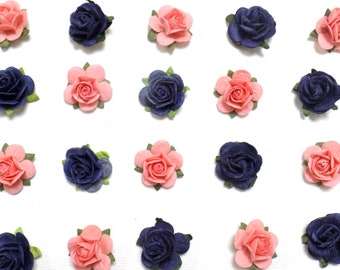 Coral & Navy Blue Mini Paper Roses | 3/4" Paper Flowers | DIY Wedding Craft Supplies | Summer Beach Wedding Decor | Flowers for Place Cards