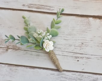 Eucalyptus & Babies Breath Wedding Boutonniere | White Rose Groomsmen Lapel Pin | Rustic Wedding Greenery Boutonnieres | Twine Boutonniere